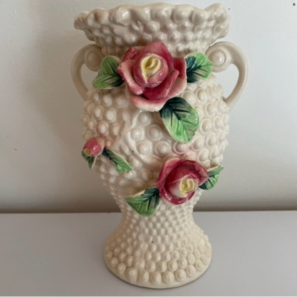 Vintage Elegant Antique Hobnail Porcelain Vase With Applied Roses